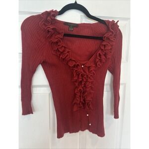 Louis Vuitton Burgundy Red Sweater with Frills and Pearl Detail V Neck Size M